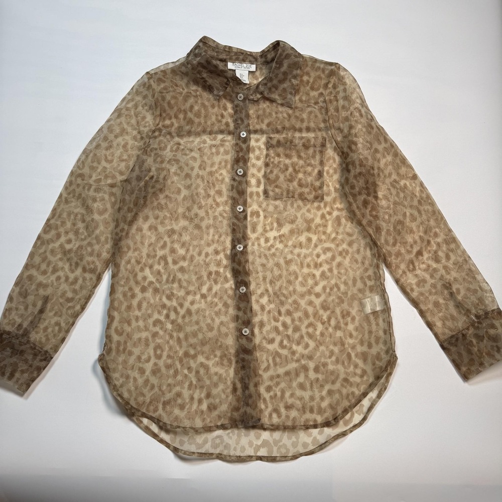Rachel Zoe Womens Blouse Small Beige Sheer Leopard‎ Button Front Long Sleeve